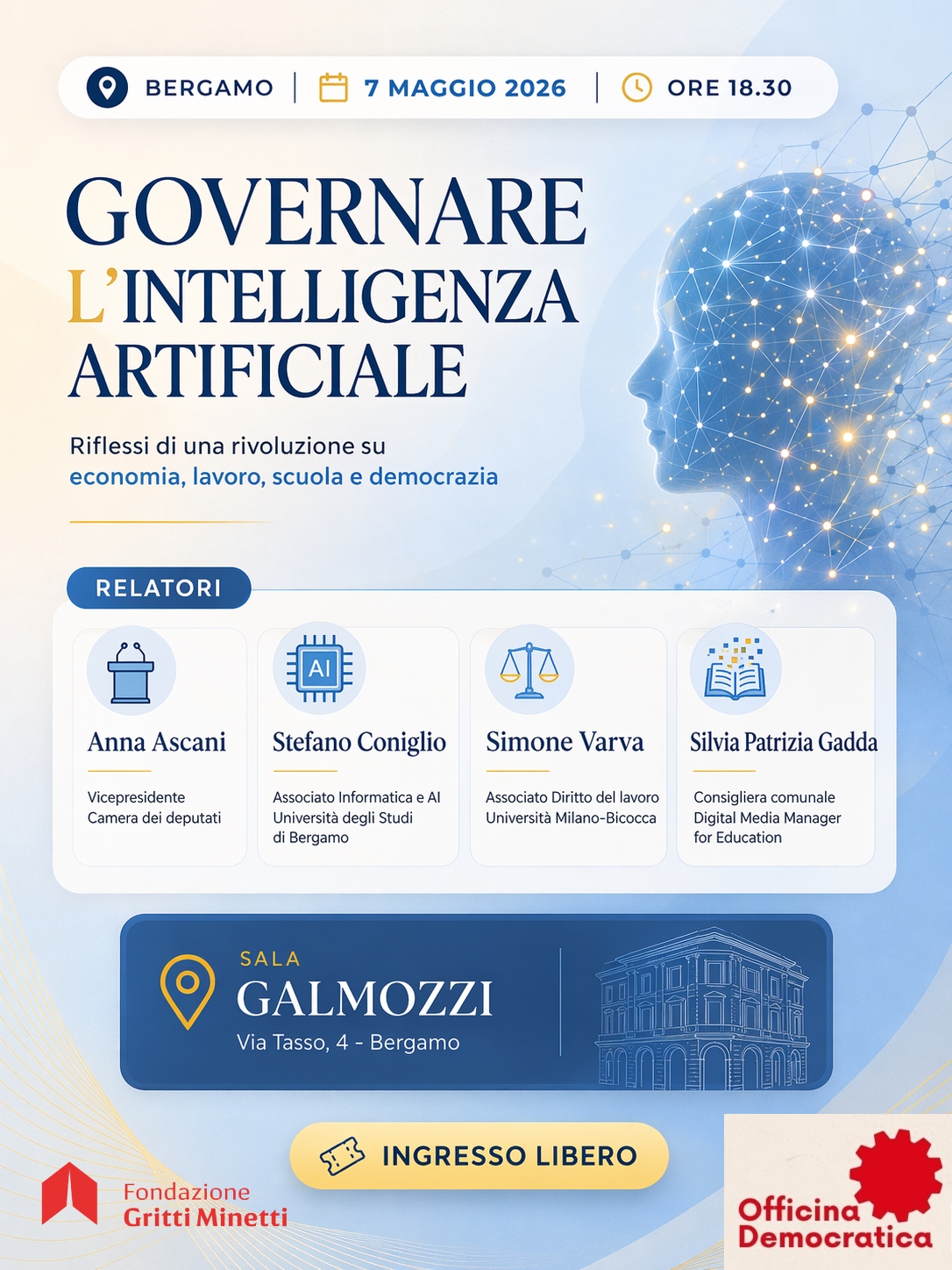 GOVERNARE L'INTELLIGENZA ARTIFICIALE 7 MAGGIO 2026 ORE 18.30 SALA GALMOZZI BERGAMO