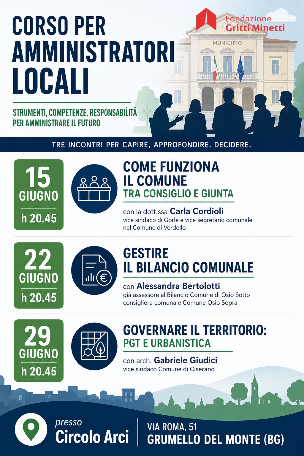 Corso per amministratori locali - 15 - 22 e 29 giugno ore 20.45 Grumello del Monte - Circolo ARCI