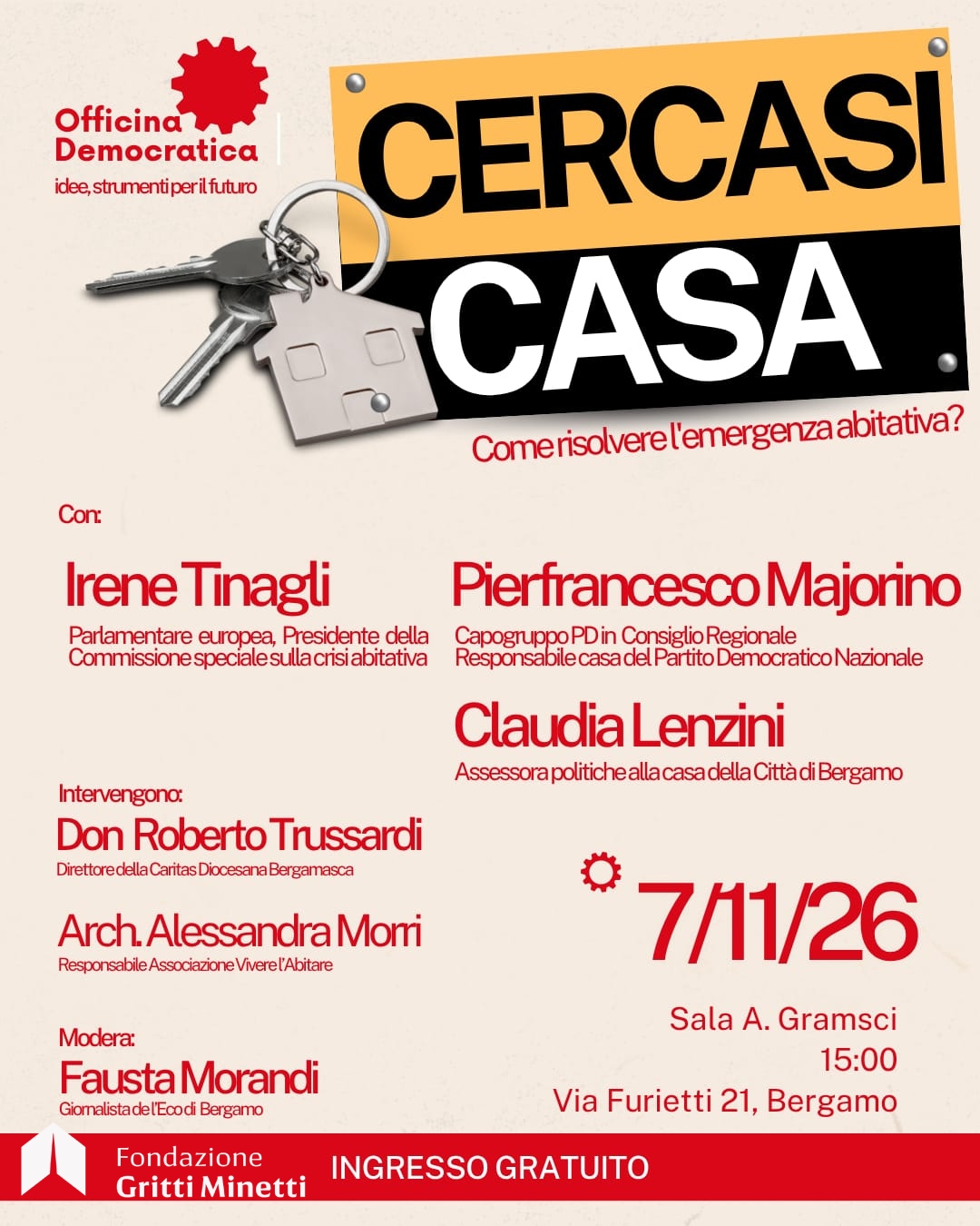 "CERCASI CASA, come risolvere la crisi abitativa" - incontro con Majorino e Tinagli - Bergamo, Sala Gramsci 7 novembre 2026 ore 15.00